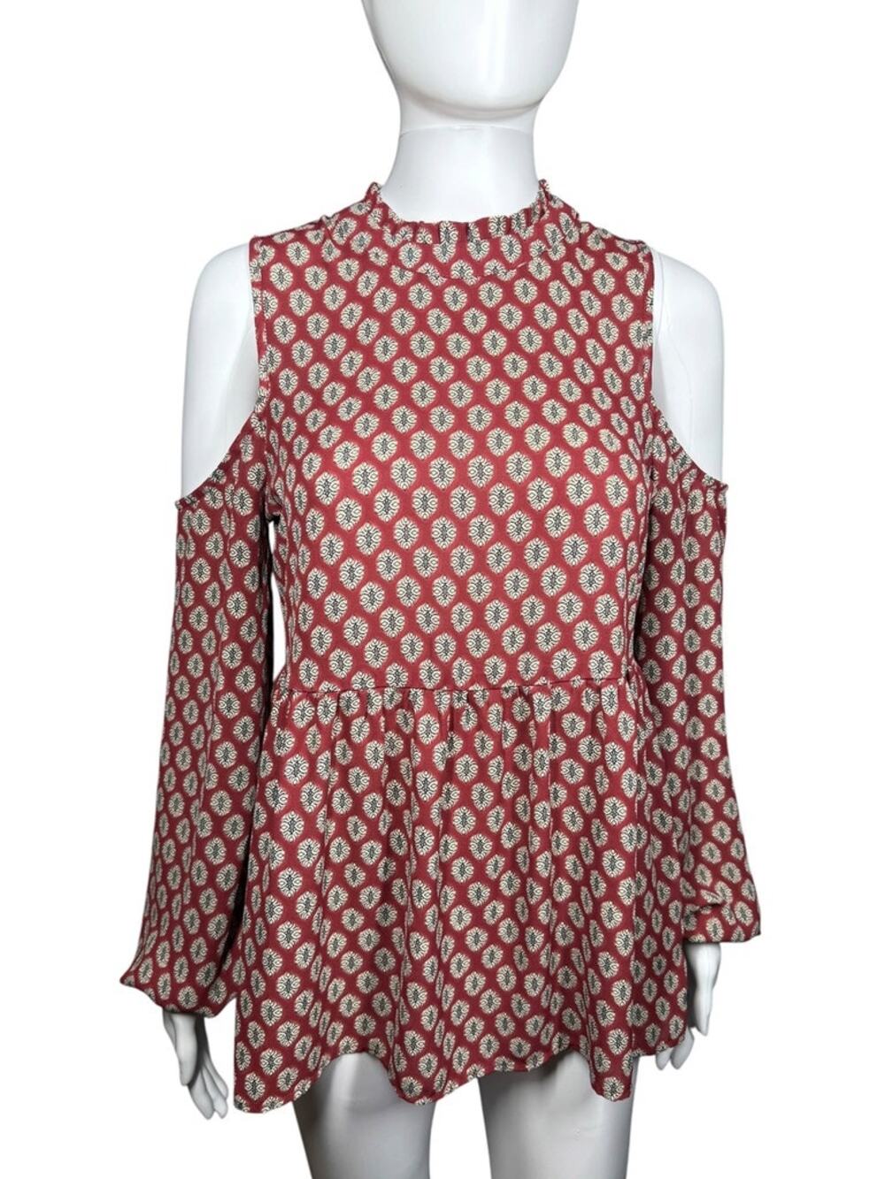 Bobeau Cold Shoulder Patterned Peplum Top Dark Red Size XS